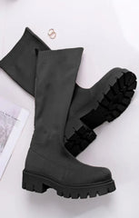 Black Chunky Platform Knee High Boots - Miriana
