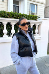 Black Padded Faux Leather Zip Up Crop Gilet - Tia