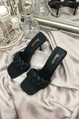 Black PU Faux Leather Woven Plait Square Toe Low Heeled Mules - Miya