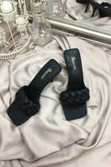 Black PU Faux Leather Woven Plait Square Toe Low Heeled Mules - Miya