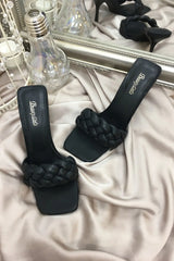 Black PU Faux Leather Woven Plait Square Toe Low Heeled Mules - Miya