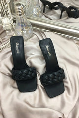 Black PU Faux Leather Woven Plait Square Toe Low Heeled Mules - Miya