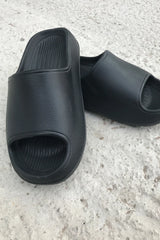 Black Rubber Ribbed Flatform Sliders - Nancy