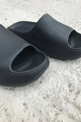 Black Rubber Ribbed Flatform Sliders - Nancy