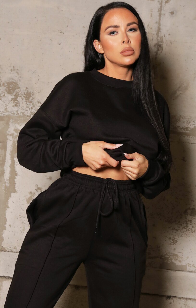 Black Oversized Long Sleeve Crew Neck Sweatshirt & Front Seam Joggers ...
