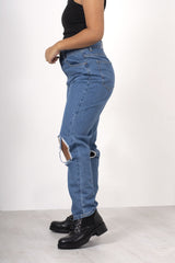 Blue Distressed Ripped Knee High Waist Jeans - Kiera