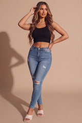 Light Blue Wash Distressed High Waisted Skinny Jeans- Veltina