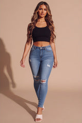 Light Blue Wash Distressed High Waisted Skinny Jeans- Veltina