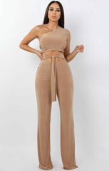 Beige Tie Front Slinky Wide Leg One Shoulder Jumpsuit - Heather