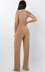 Beige Tie Front Slinky Wide Leg One Shoulder Jumpsuit - Heather