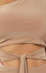 Beige Tie Front Slinky Wide Leg One Shoulder Jumpsuit - Heather