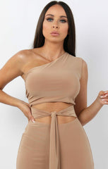 Beige Tie Front Slinky Wide Leg One Shoulder Jumpsuit - Heather