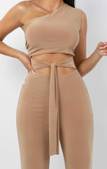Beige Tie Front Slinky Wide Leg One Shoulder Jumpsuit - Heather