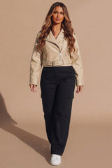 Beige Faux Leather Cropped Belted Biker Jacket 