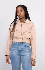 Beige Zip Up Long Sleeve Cargo Pocket Cropped Sweatshirt - Ayla