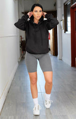 Black Oversized Matching Drawstring Rib Cuff & Hem Pocket Hoodie - Melissa