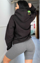 Black Oversized Matching Drawstring Rib Cuff & Hem Pocket Hoodie - Melissa