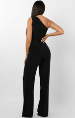 Black Tie Front Slinky One Shoulder Wide Leg Jumpsuit - Heather