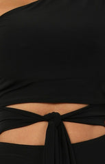 Black Tie Front Slinky One Shoulder Wide Leg Jumpsuit - Heather