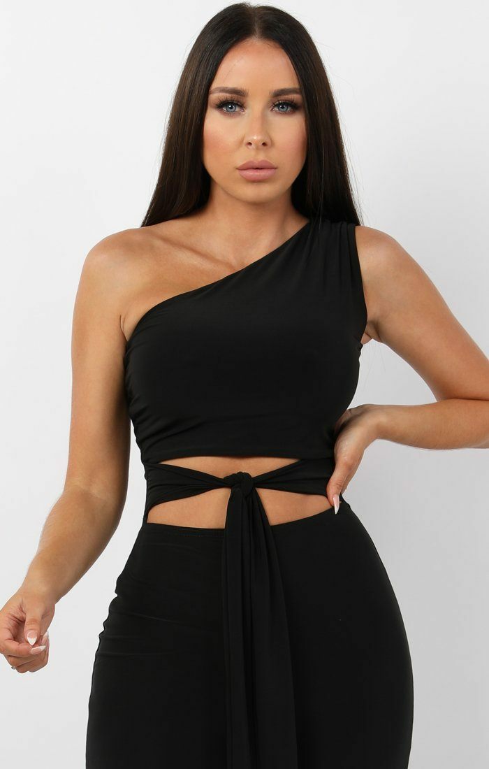 Black Tie Front One Shoulder Jumpsuit Jumpsuits Femme Luxe