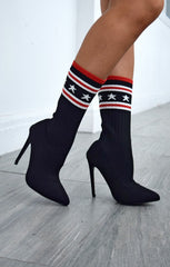 Black Star & Stripe Ribbed Pointed Toe Stiletto Ankle Sock Boots - Janae