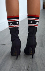 Black Star & Stripe Ribbed Pointed Toe Stiletto Ankle Sock Boots - Janae