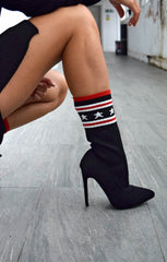Black Star & Stripe Ribbed Pointed Toe Stiletto Ankle Sock Boots - Janae