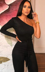 Black Croc Belted One Shoulder Jumpsuit - Evelyn