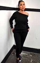 Black Off The Shoulder Jumper & Drawstring High Waisted Joggers Knitted Loungewear Set - Christina