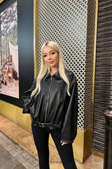 Black Oversized Faux Leather PU Biker Zip Up Moto Jacket - Rosavelle