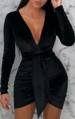 Black Velvet Tie Front Bodycon Mini Dress - Meesha