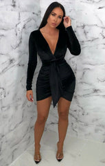 Black Velvet Tie Front Bodycon Mini Dress - Meesha