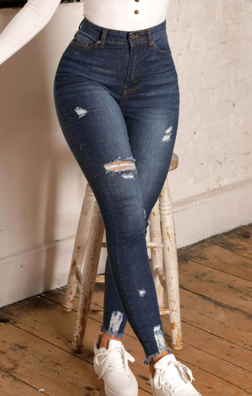 Blue Dark Wash Distressed Knee Hem High Waisted Skinny Jeans