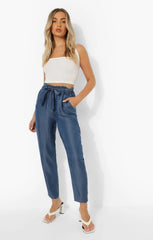 Blue Denim Cropped Paperbag Waist Trousers - Luretta