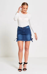 Blue Denim Eyelet Ribbon Petite Hem Mini Skirt - Violina