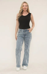 Blue Straight Wide Leg Distressed Cross Patch Denim Jeans - Delissia