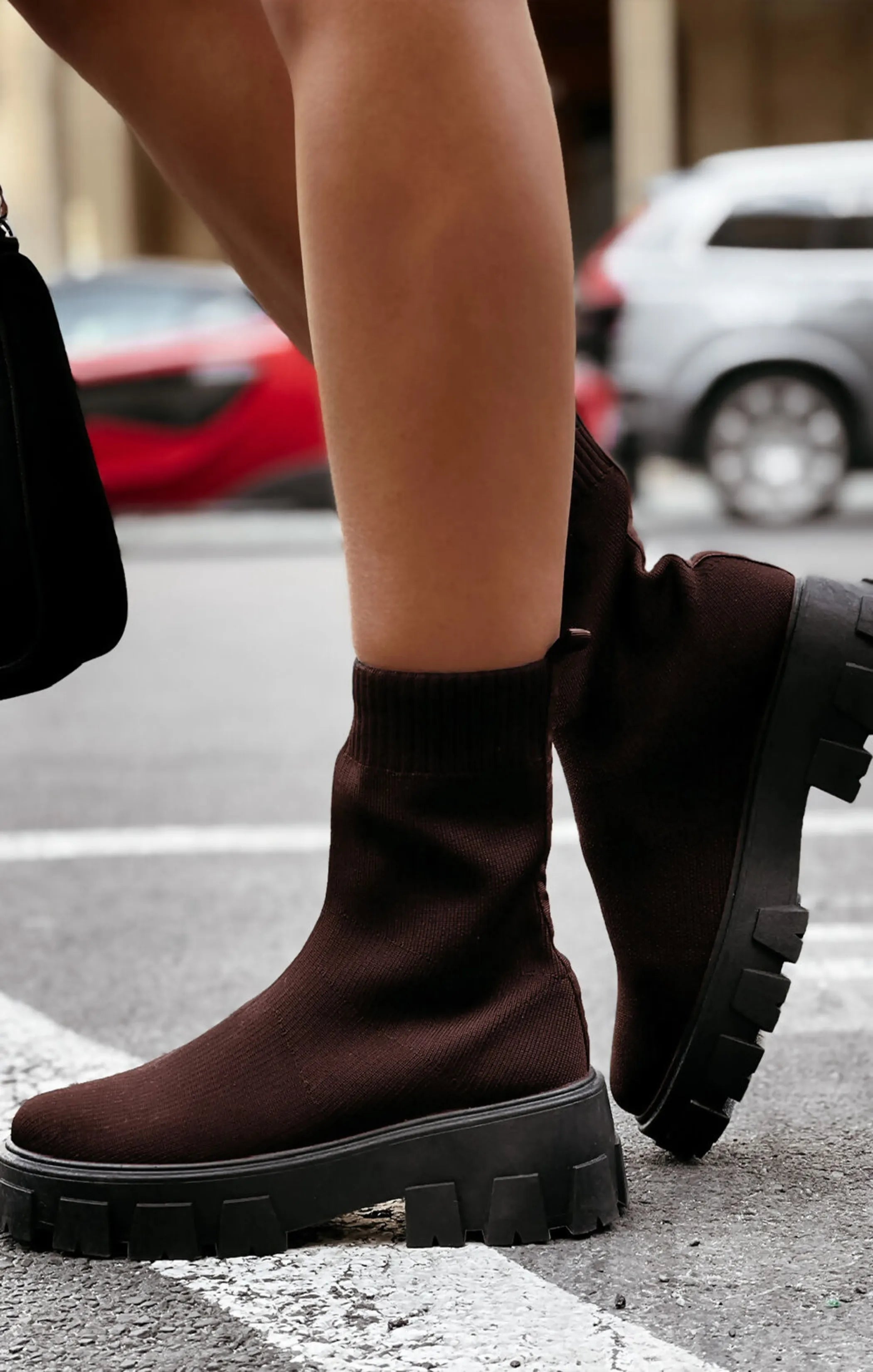 Brown Cleated Pull On Knit Chunky Sole Sock Ankle Boots Shoes