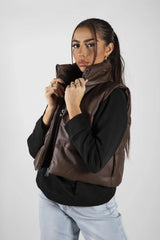 Brown Padded Faux Leather Zip Up Crop Gilet - Tia
