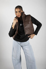 Brown Padded Faux Leather Zip Up Crop Gilet - Tia
