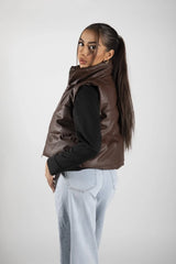 Brown Padded Faux Leather Zip Up Crop Gilet - Tia