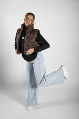 Brown Padded Faux Leather Zip Up Crop Gilet - Tia