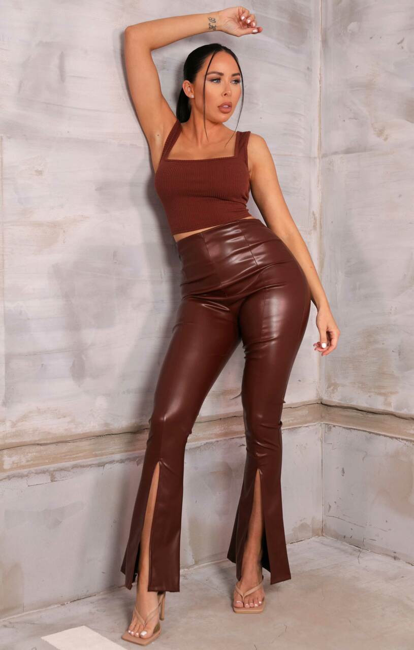 Chocolate PU Faux Leather High Waisted Split Hem Flare Leg