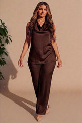 Chocolate Cowl Neck Sleeveless Top & Wide Leg Trouser Set - Wynas