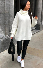 Cream Knitted Oversized Polo Neck Jumper - Polly