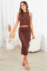 Brown Crochet Knitted Top and Midi Skirt Slit Tie Side Set Co Ord - Lily