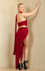Red Cut Out Metal Detail High Neck Thigh Split  Maxi Dress - Ariana