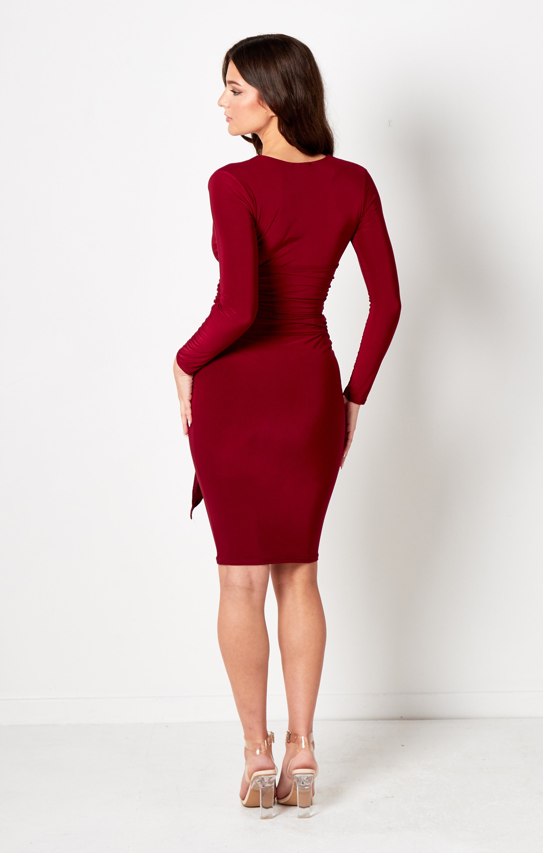 Wine Long Sleeve V Neck Tie Detail Bodycon Midi Dress - Nicki Wine / 6 Wine Long Sleeve V Neck Tie Detail Bodycon Midi Dress - Nicki Wine / 6