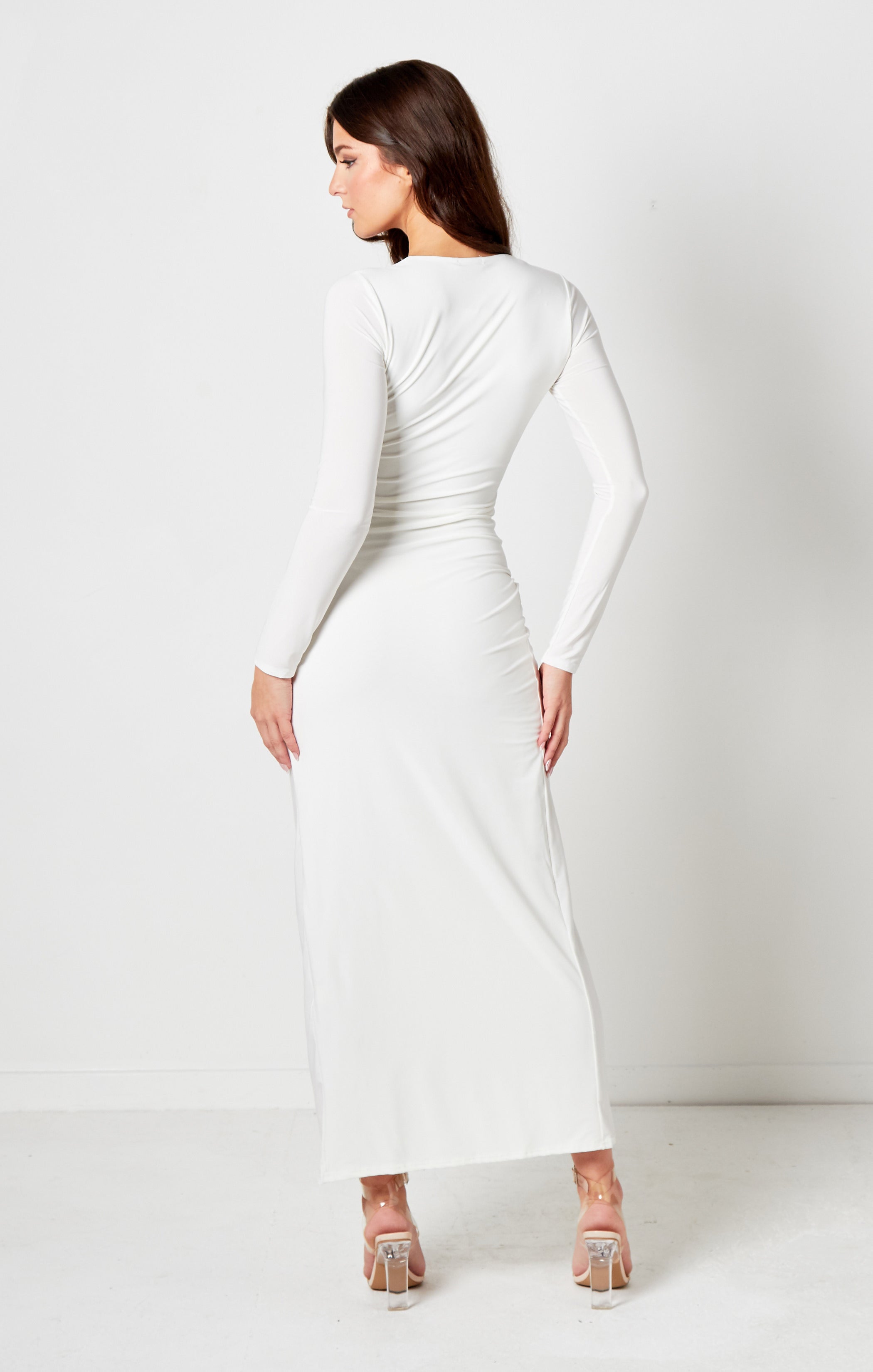 Cream V Neck Long Sleeve Drape Detail Maxi Dress-Maria Femme Luxe Cream V Neck Long Sleeve Drape Detail Maxi Dress-Maria Femme Luxe