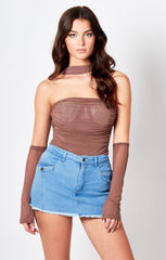 Mink Bandeau Diamanté Detail Ruched Bodysuit With Sleeves - Emery