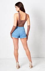 Mink Bandeau Diamanté Detail Ruched Bodysuit With Sleeves - Emery